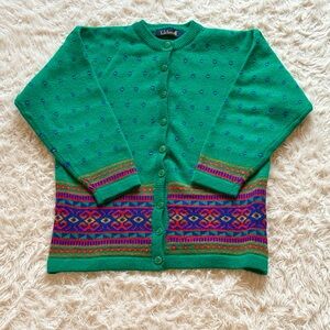 Tulchan Green Wool Cardigan Sweater with colorful border design Medium